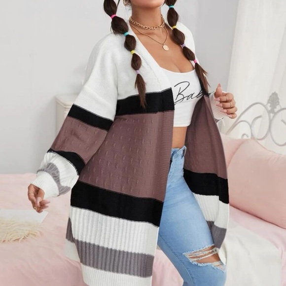 Sweaters - Plus Color Block Drop Shoulder Cardigan